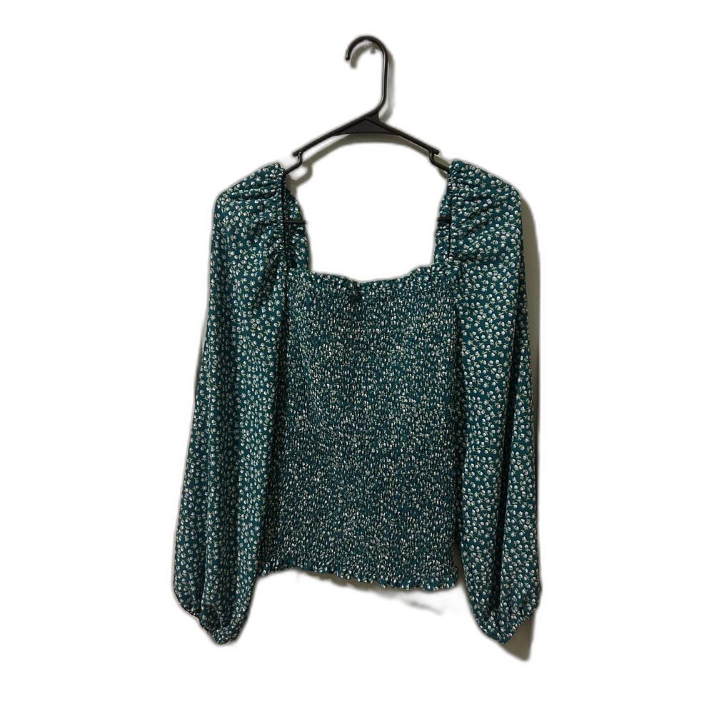 Green Floral Smocked Long Sleeve Blouse
